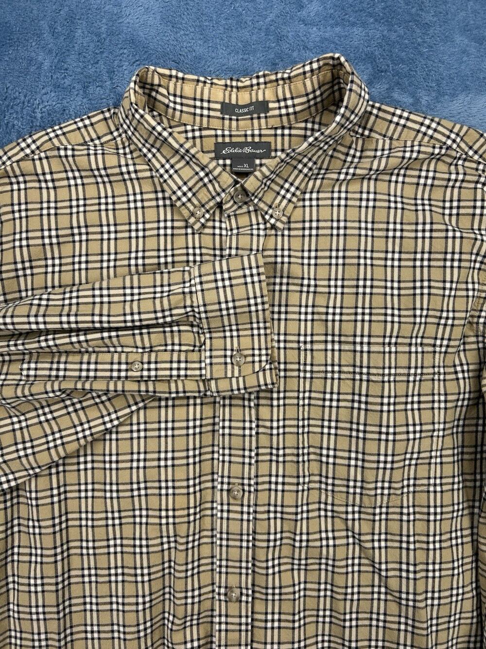 Eddie Bauer Men's XL Long Sleeve Flannel Button-Up Shirt Brown Tan
